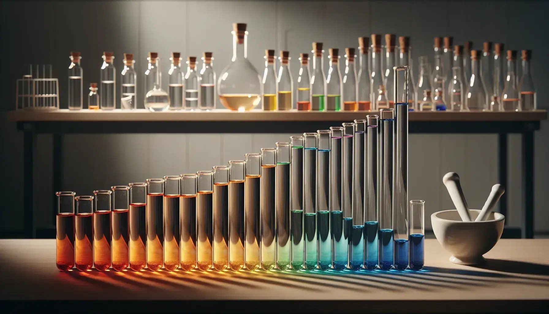 Provette di vetro con soluzioni colorate in sequenza arcobaleno su banco laboratorio, bottiglie trasparenti e mortaio con pestello.