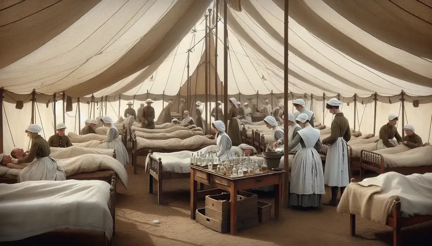 WWI field hospital scene with nurses tending to patients in beds, a doctor consulting a book, inside a canvas tent set in a forest clearing.