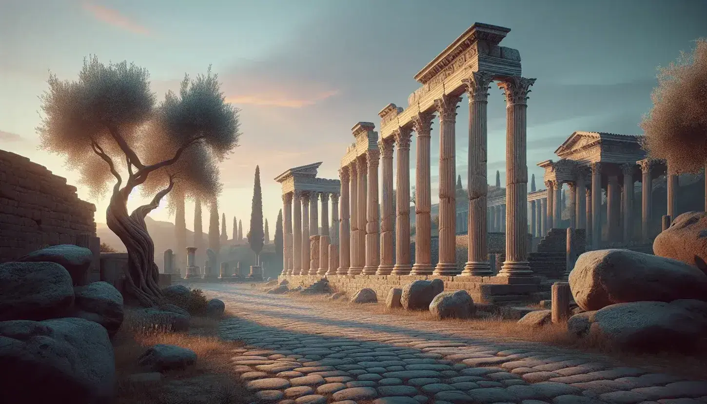 Serene ancient Roman forum at dusk with a row of Doric columns, olive trees, and temple ruins against a pastel sunset sky.