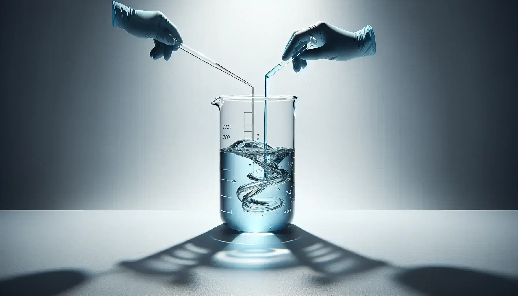 Glass beaker with transparent blue liquid on white surface, gloved hands pour two colorless streams creating concentric circles.