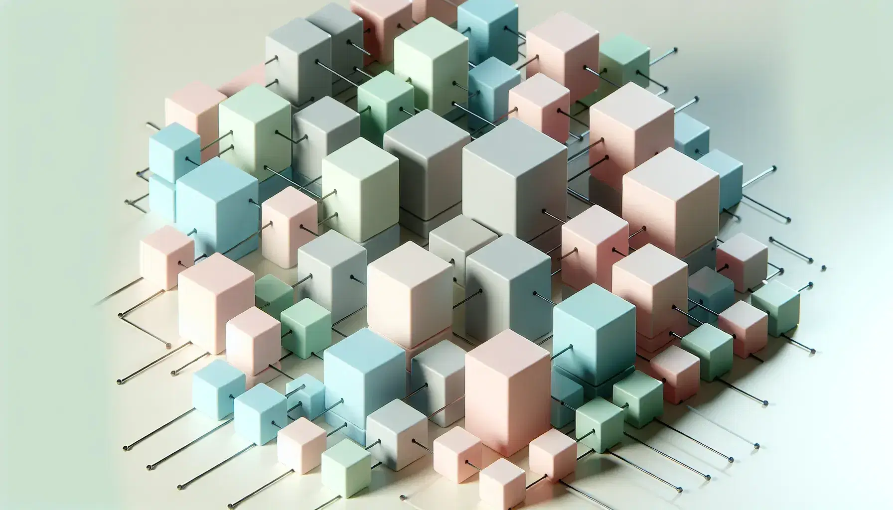 Cubos tridimensionales en colores pastel flotando y conectados por líneas metálicas sobre fondo neutro, evocando una estructura de bloques de construcción.