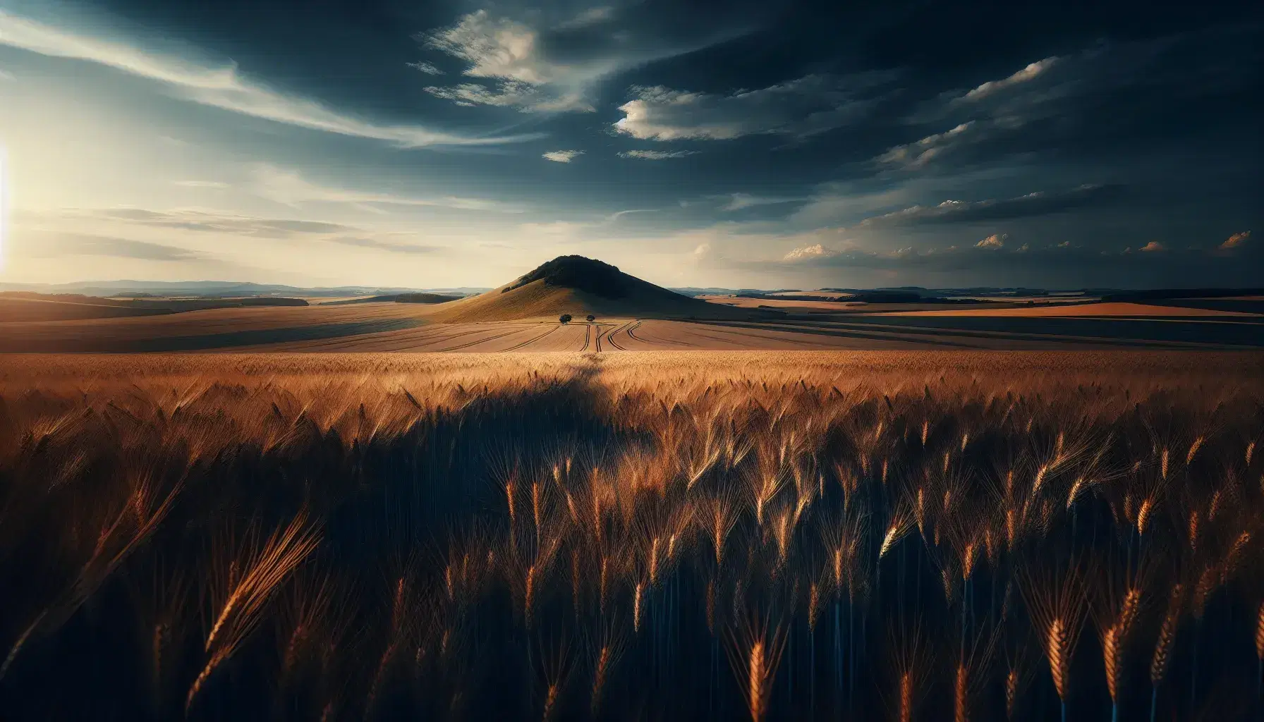 Paesaggio naturale con campo di grano dorato in primo piano, collina verde al centro e cielo azzurro con nuvole sparse.