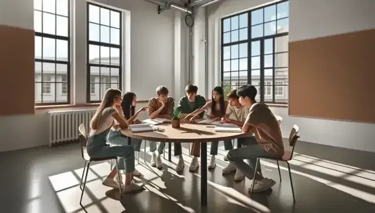 Aula luminosa con estudiantes adolescentes colaborando alrededor de una mesa redonda, con ventanas grandes, pizarra blanca y estantería con libros.