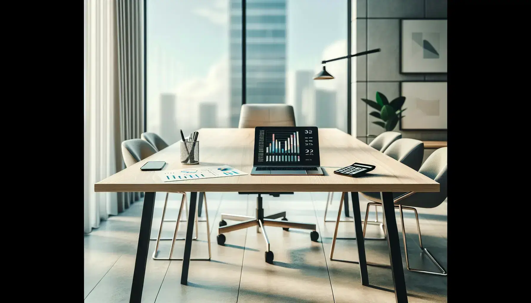 Oficina moderna y luminosa con mesa de madera, silla ergonómica gris, laptop con gráficos, calculadora y plantas, junto a ventana con vista a edificios.