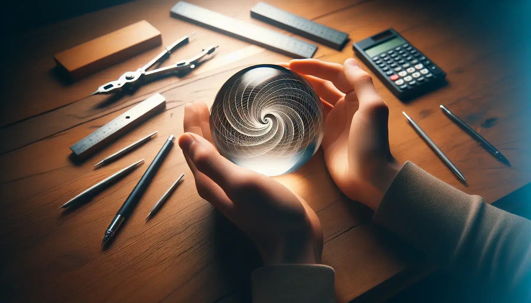 Close-up of hands cradling a glass paperweight with an etched Archimedean spiral, on a desk with blurred mathematical tools in the background.