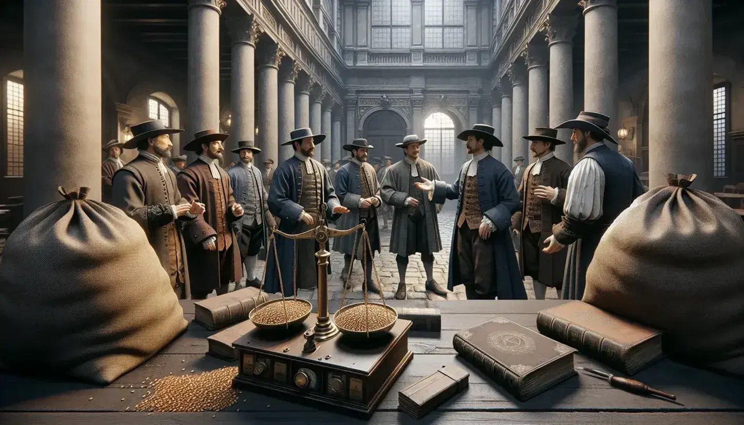 Escena de intercambio comercial en bolsa europea antigua con hombres en trajes de época debatiendo alrededor de una mesa con balanza y libros, en un entorno neoclásico iluminado.