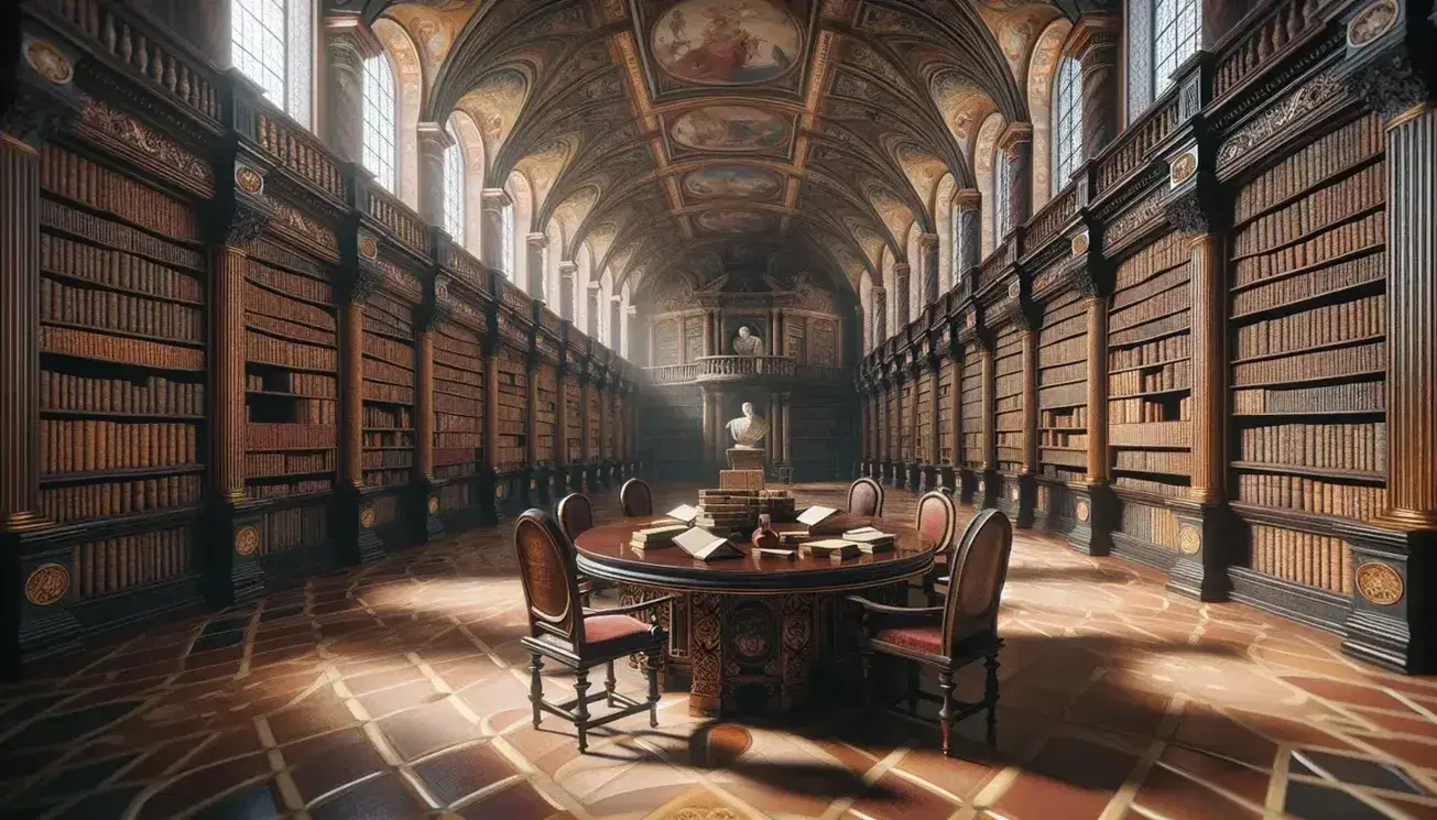 Biblioteca rinascimentale con soffitti affrescati, scaffali in legno scuro pieni di libri rilegati, tavolo ovale centrale, sedie in velluto rosso e statua marmorea.
