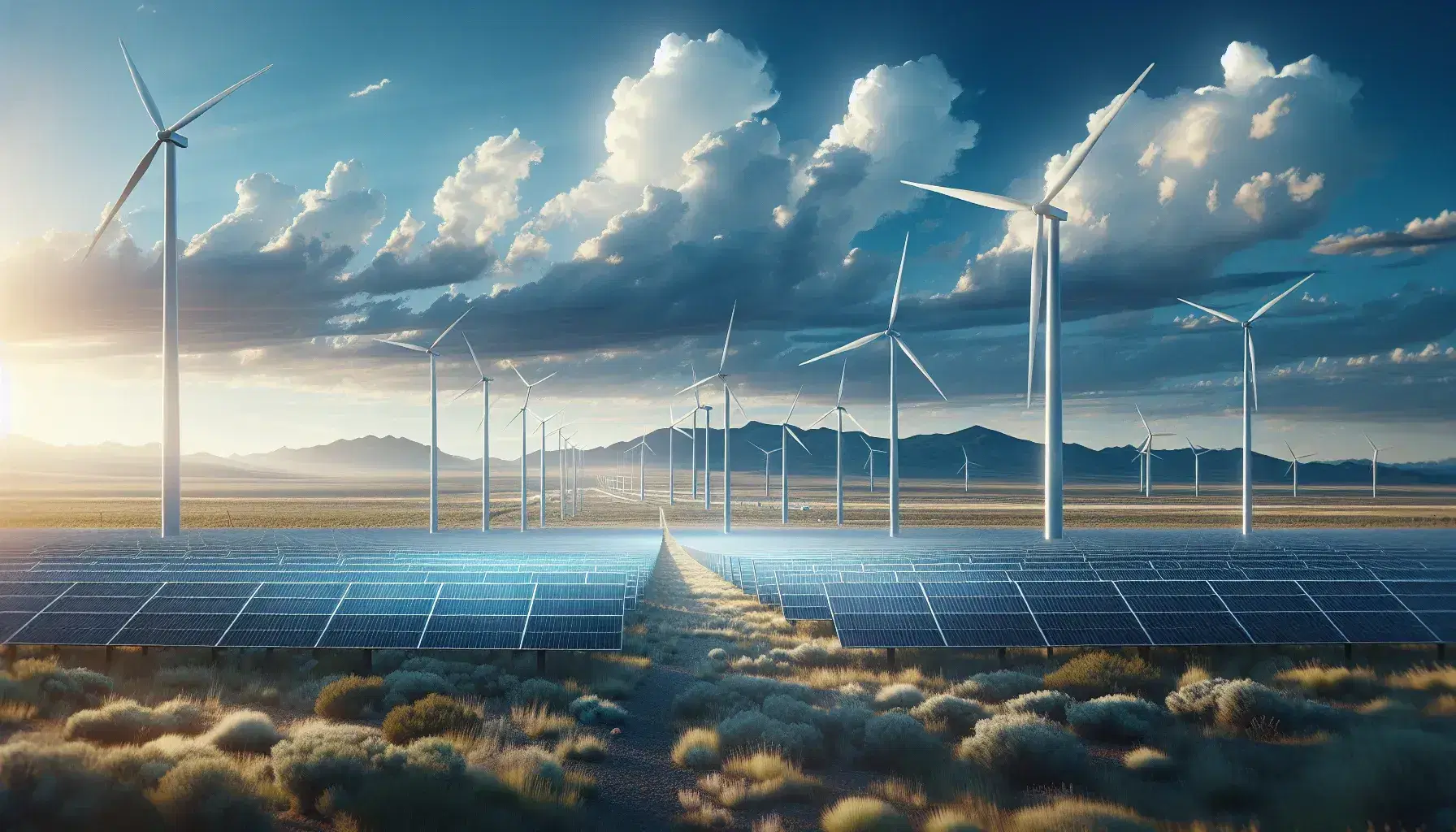 Campo de paneles solares y aerogeneradores en un paisaje abierto con cielo azul y montañas al fondo, reflejando la generación de energía renovable.