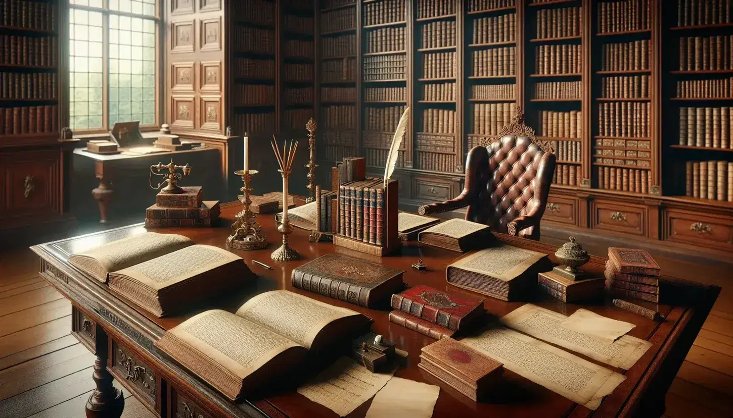 18th-century study room with a wooden desk, open books, brass quill pen, inkwell, high-backed chair, bookshelves, globe, and brass telescope.