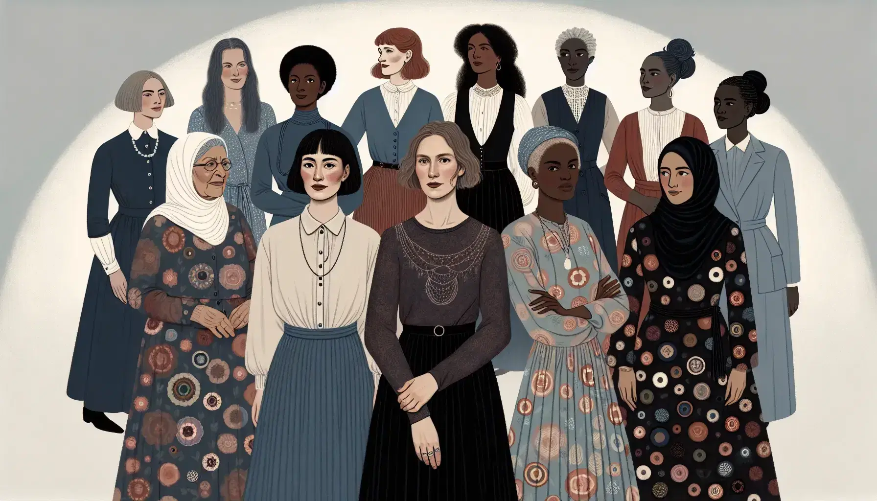 Diverse group of women forming a semi-circle, representing British feminism's inclusivity, with a young Caucasian leading and a mix of ethnic attire behind.