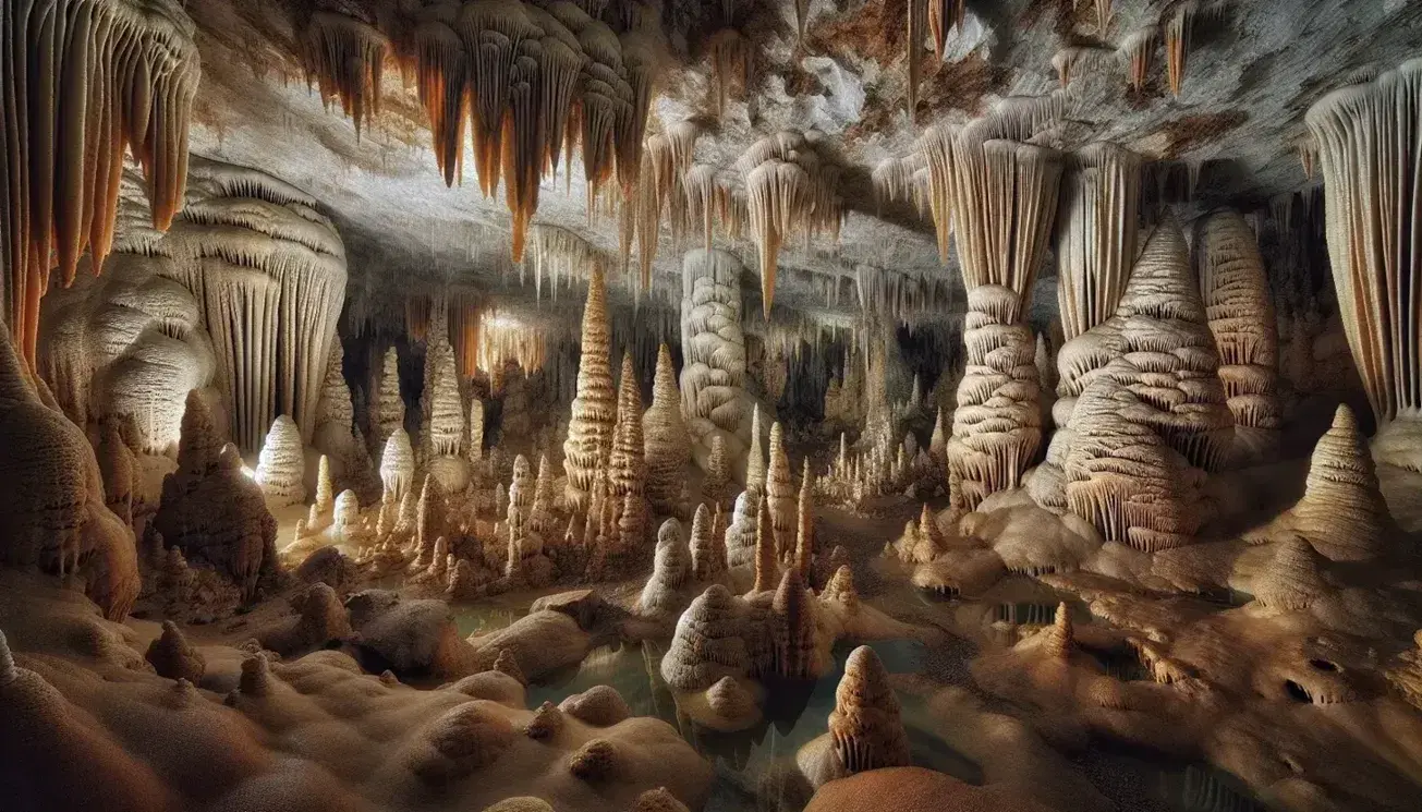 Grotta carsica spaziosa con stalattiti e stalagmiti colorate, pavimento irregolare con pozze d'acqua e pareti umide erose.