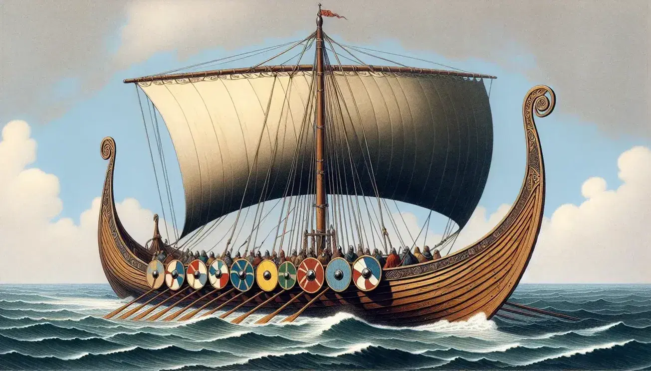Viking longship at sea with a cream sail, dark brown hull, and colorful shields, crewed by diverse figures in period attire rowing and exploring.