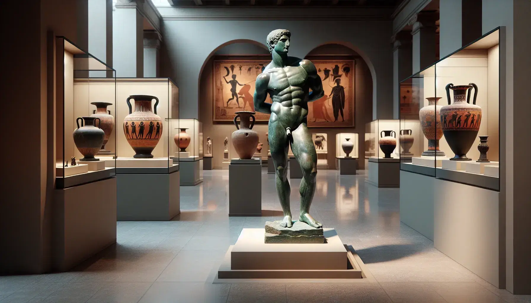 Statua in bronzo di guerriero greco antico in museo, con vasi ceramici e modello teatro greco sullo sfondo, frammento mosaico in primo piano.