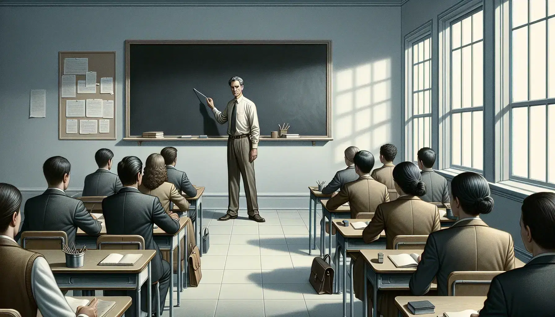 Middle-aged South Asian teacher ready to write on a blank blackboard, attentive diverse students with notebooks in a well-lit classroom.