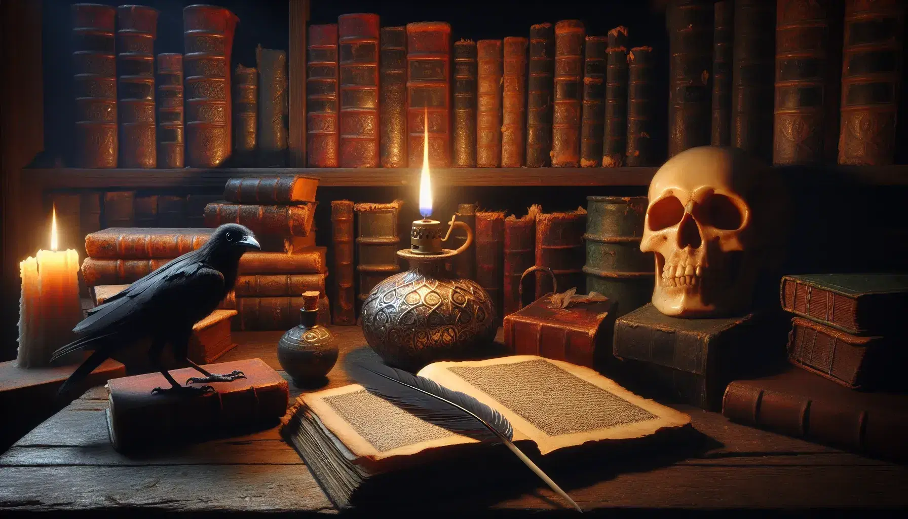 Escena nocturna en biblioteca antigua con lámpara de aceite encendida, libro abierto sin texto, pluma de cuervo, tintero y cráneo sobre mesa de madera, estantes con libros al fondo.