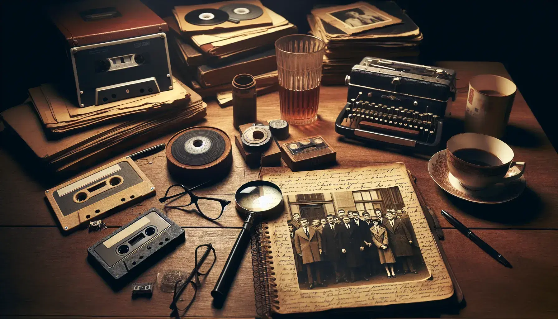 Investigator's desk with open notebook, vintage photos, magnifying glass, cassette recorder, glasses and steaming cup of coffee.