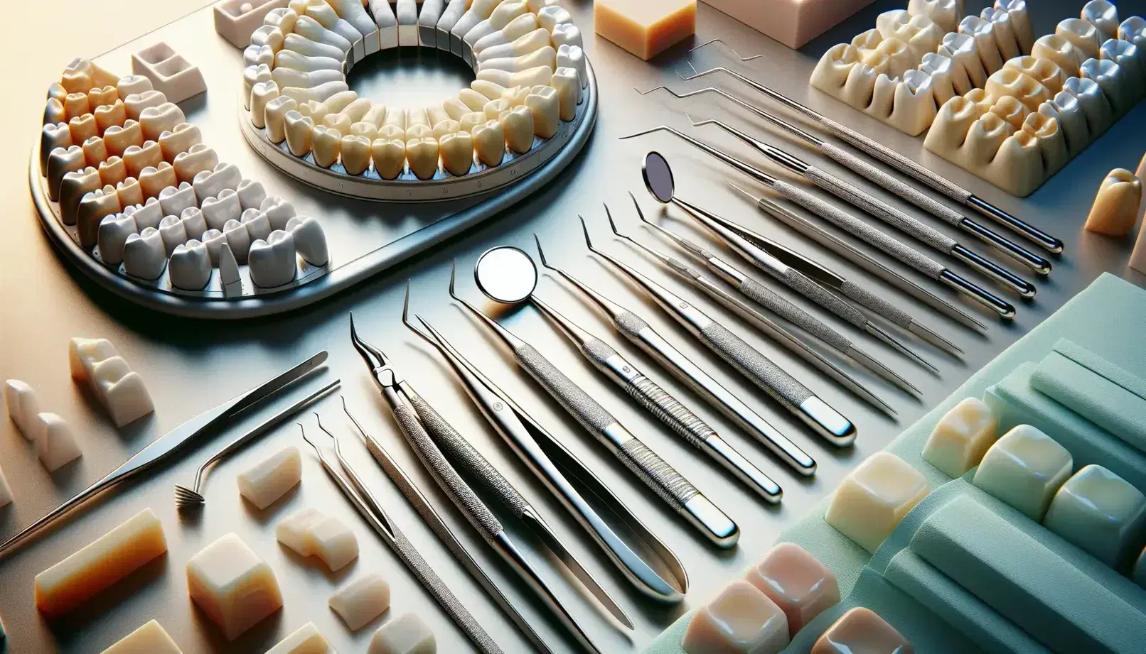 Instrumental odontológico de acero inoxidable ordenado en bandeja quirúrgica con rueda de colores dentales y bloques de resina en tonos blancos y crema al fondo.