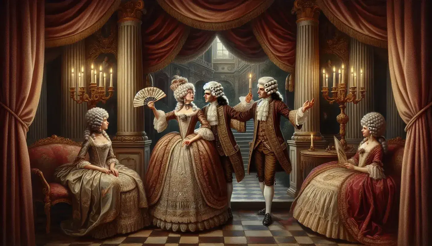 Scena teatrale barocca con tre attori in costume d'epoca su palcoscenico decorato in rosso e oro, illuminato da candelabri, senza pubblico visibile.