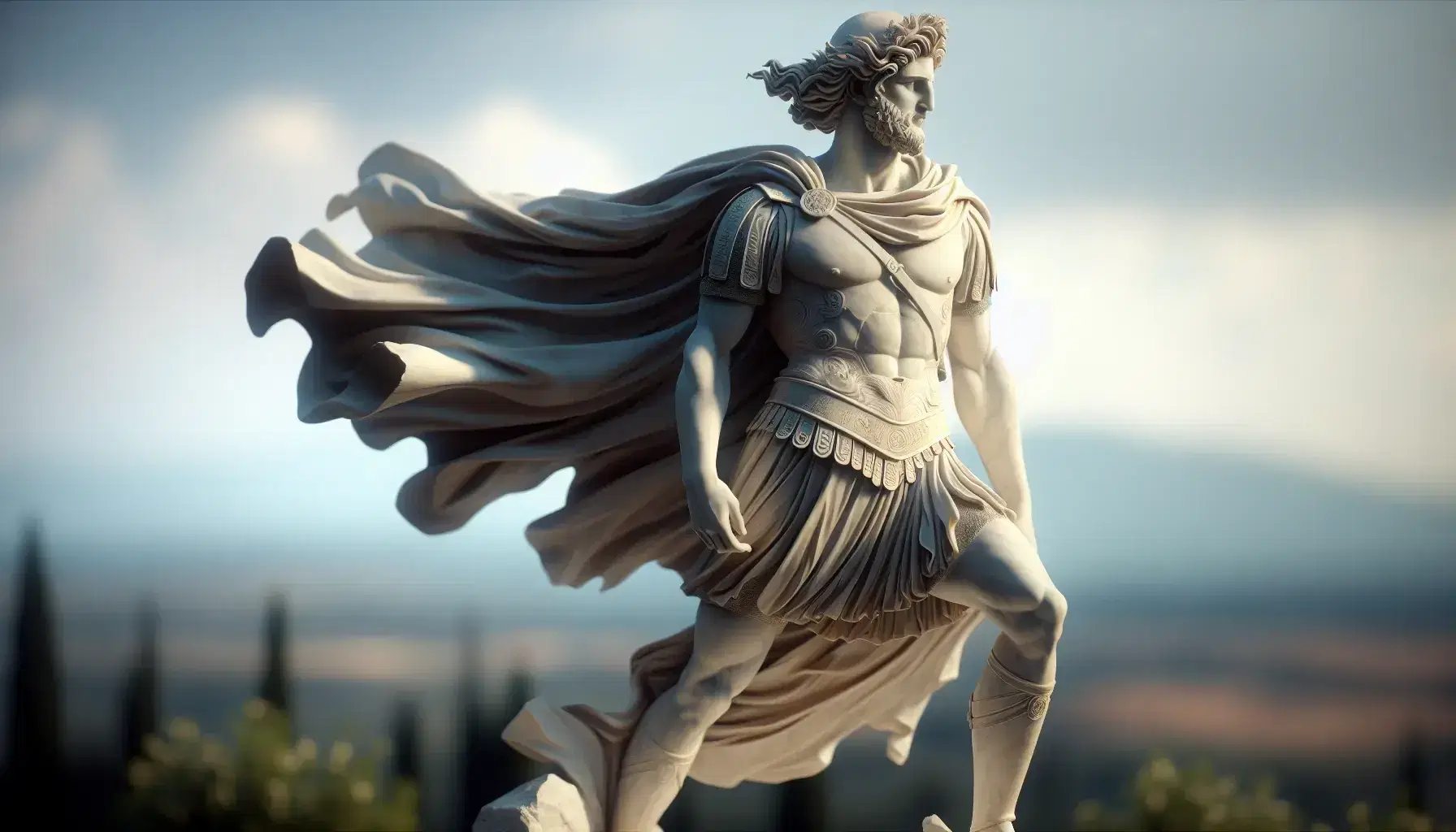 Statua in marmo bianco di Alessandro Magno in posa eroica con armatura classica, mantello fluttuante e sfondo mediterraneo sfocato.
