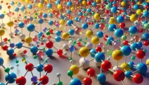 Modellino colorato di molecole con sfere e bastoncini che rappresentano atomi e legami chimici su superficie neutra.