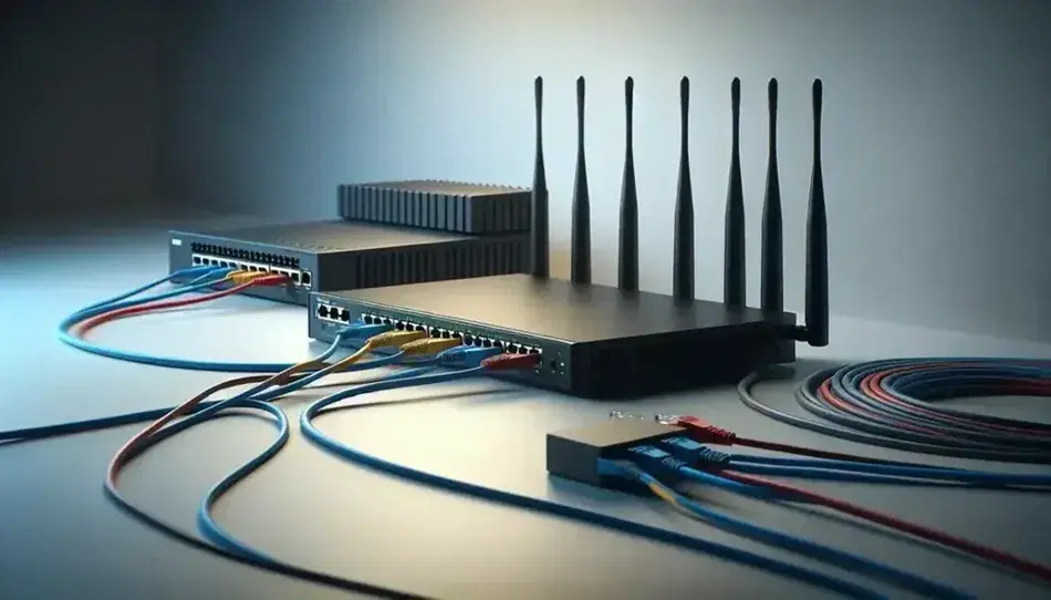 Equipos de red con router negro con antenas, switch con cables Ethernet y módem gris apagado junto a repetidor Wi-Fi blanco encendido.