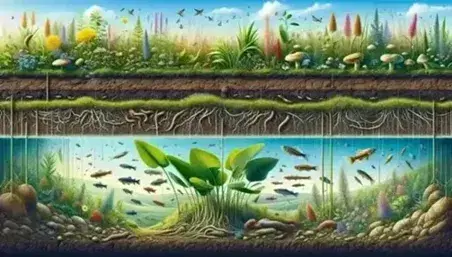 Paisaje natural con suelo marrón, vegetación variada, cuerpo de agua con peces y plantas acuáticas, y cielo azul con aves volando.