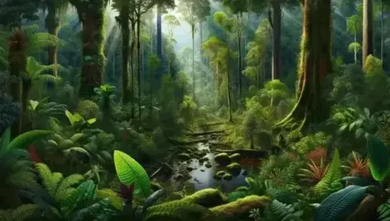 Rainforest landscape with green foliage, colorful flowers, a parrot on a branch, a monkey, butterflies and the silhouette of a large mammal.
