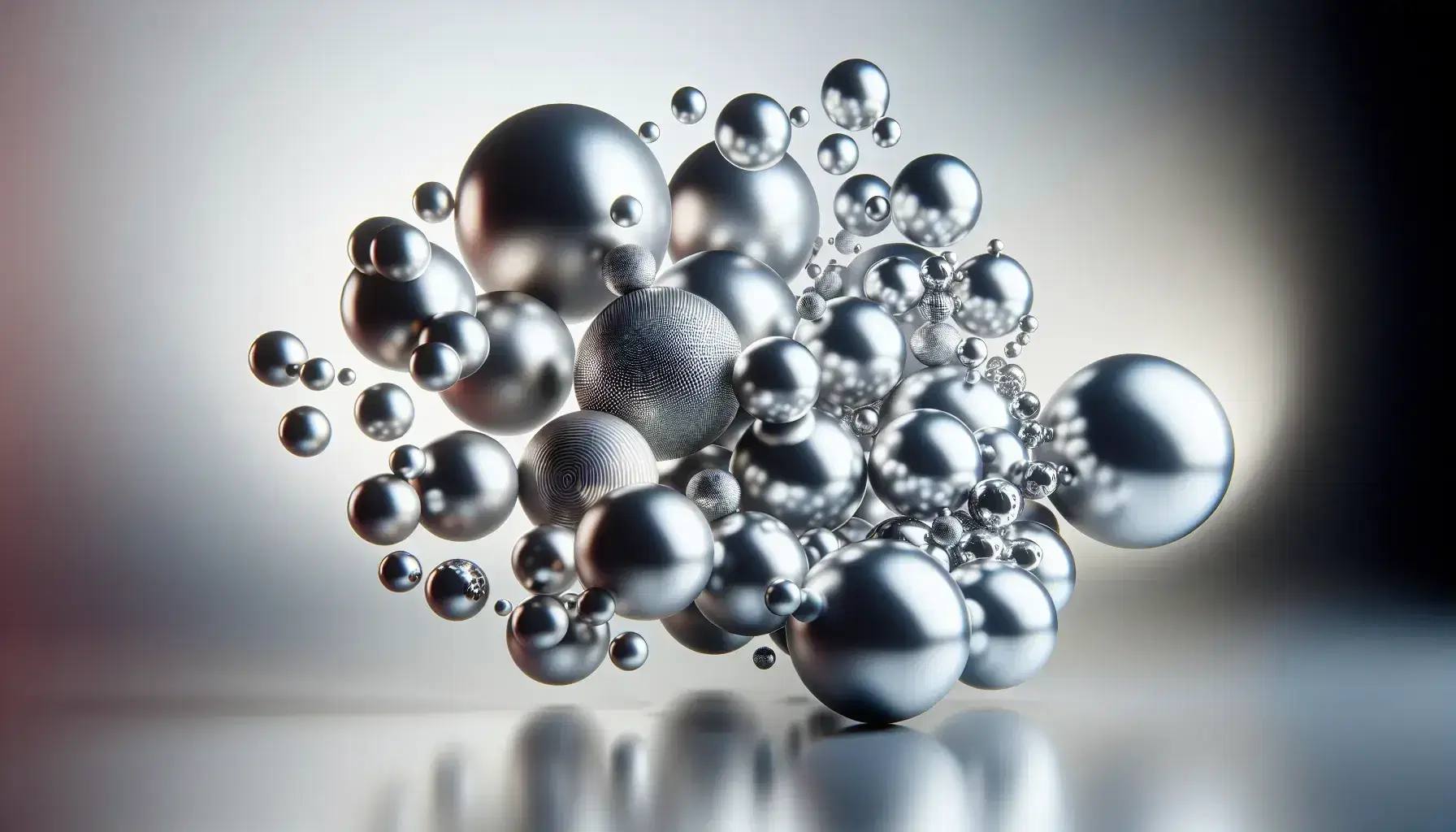 Sfere metalliche lucide sospese a varie altezze su sfondo neutro, con riflessi di luce che ne evidenziano la tridimensionalità.