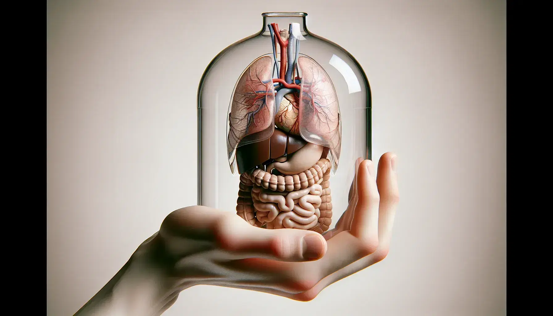 Mano sosteniendo modelo anatómico transparente del cuerpo humano con órganos internos coloreados y detallados, sobre fondo neutro.