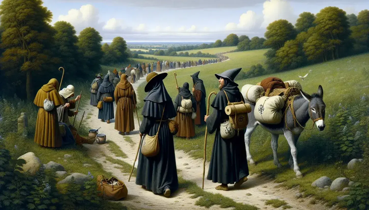 Pellegrini medievali in cammino su sentiero campestre con bastoni, cappelli a tesa larga e mantelli scuri, accanto a un asino carico.