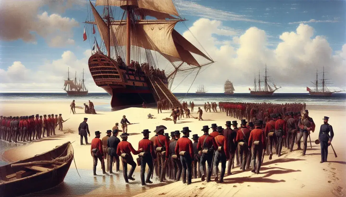 Gruppo di uomini in uniformi d'epoca con giacche rosse sbarca da un veliero su una spiaggia sabbiosa sotto un cielo azzurro.