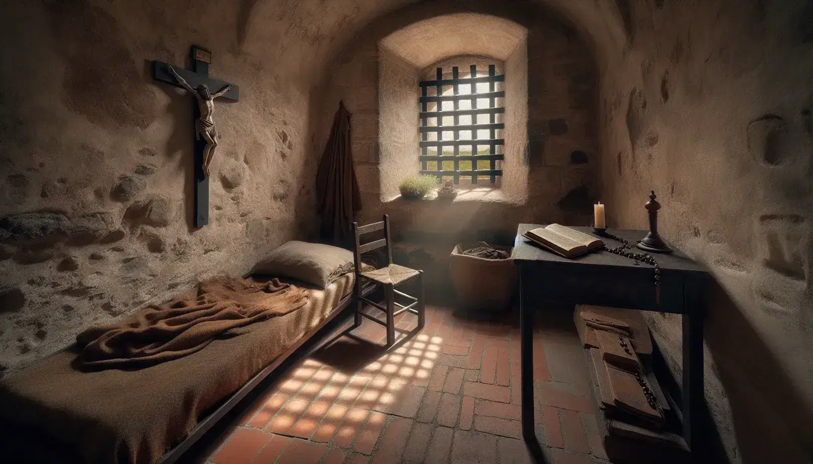 Cella monastica antica con pareti in pietra, letto in legno, tavolo con libro, sedia, crocifisso e altare con oggetti religiosi.