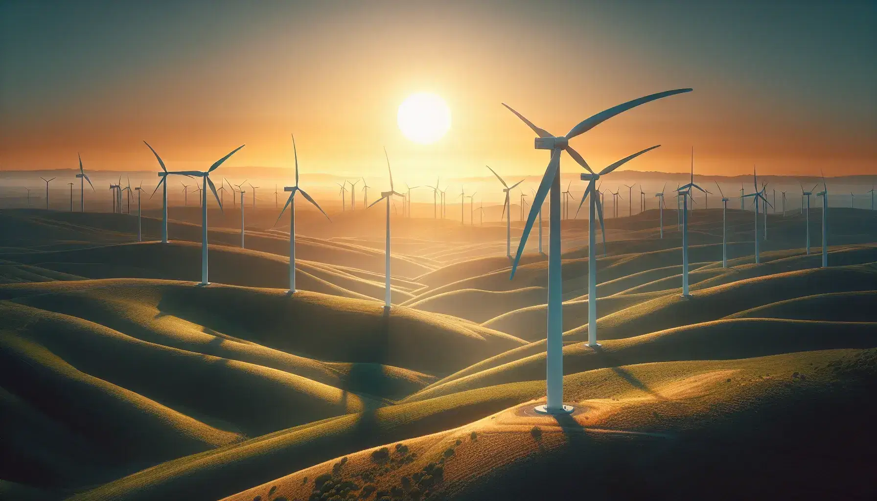 Wind turbines on rolling hills in Spain during golden hour, with sun setting behind, casting shadows and highlighting renewable energy landscape.