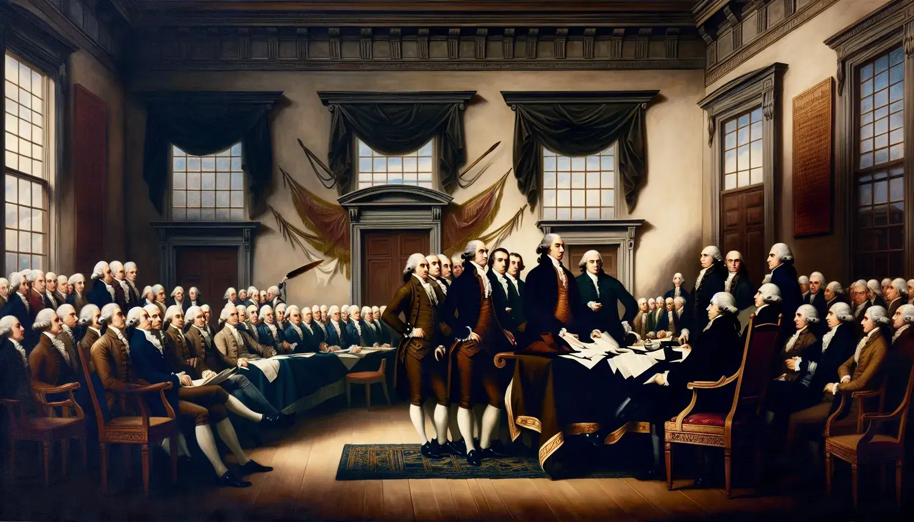 Late 18th-century scene with men in period attire engaged in fervent discussion around a table with papers and quills, in a wood-paneled room with tall windows.