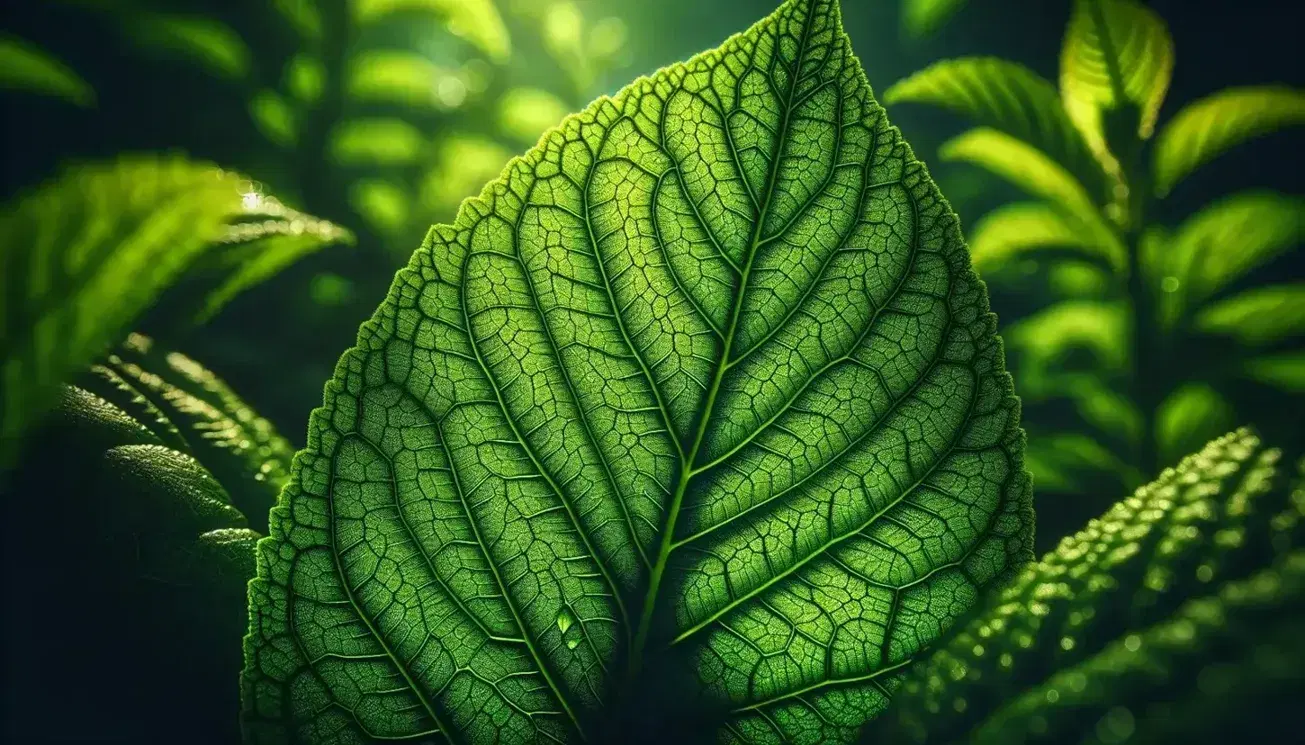 Vibrant green leaf in foreground with network of intricate veins and water droplets, illuminated by natural sunlight against blurred background of green leaves.