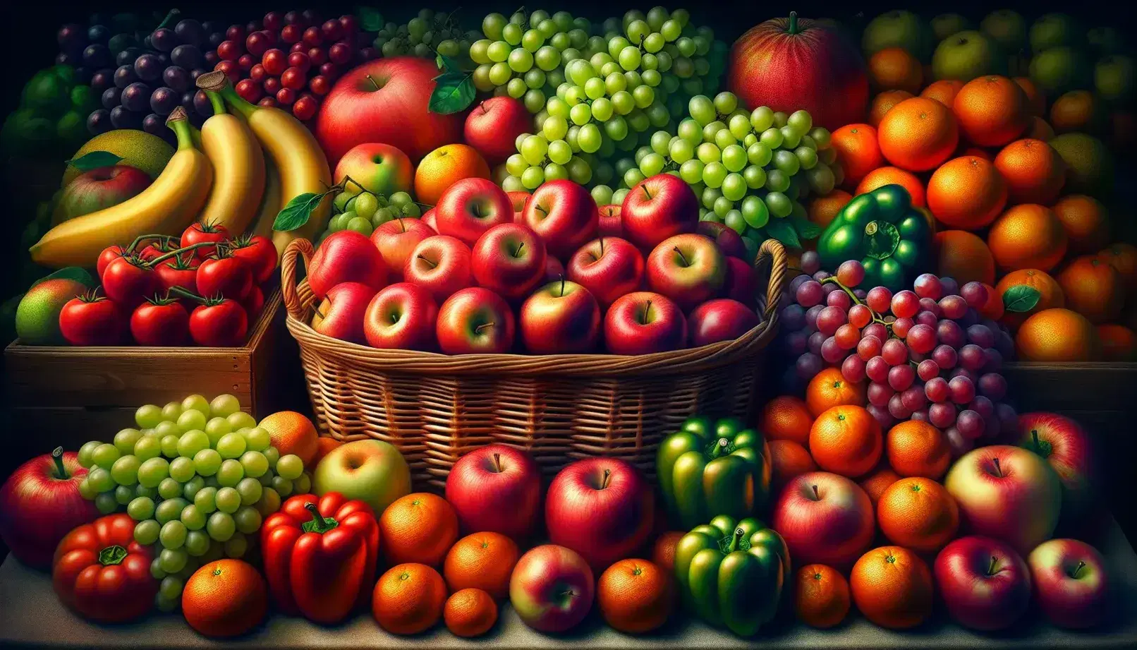 Canasta de manzanas rojas, uvas verdes, naranjas, pimientos rojos y amarillos, tomates y plátanos en un mercado, destacando sus colores y texturas.