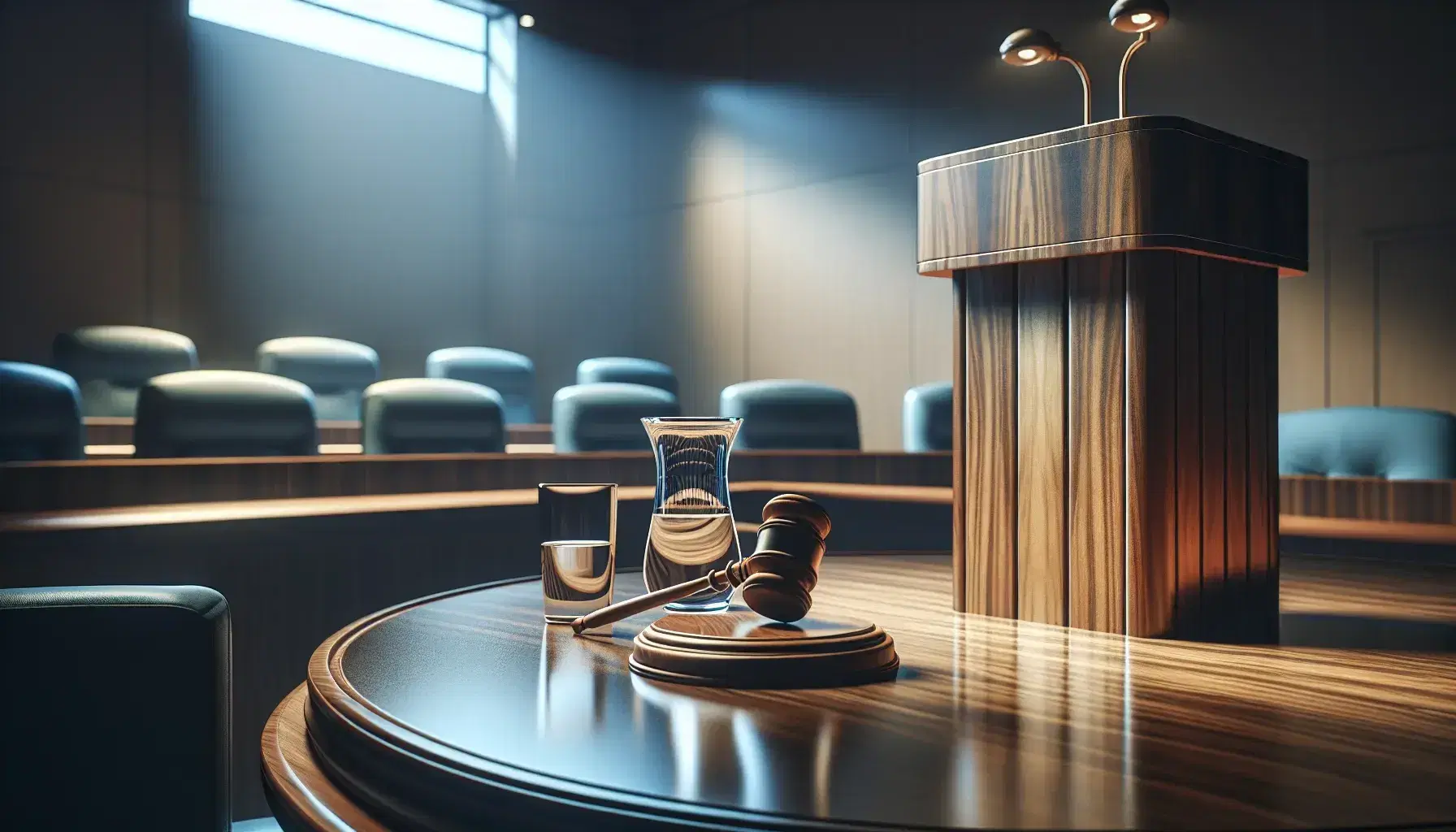 Serene courtroom with polished wooden witness stand, gavel on stand, empty jury chairs with blue cushions, water jug ​​and glass.