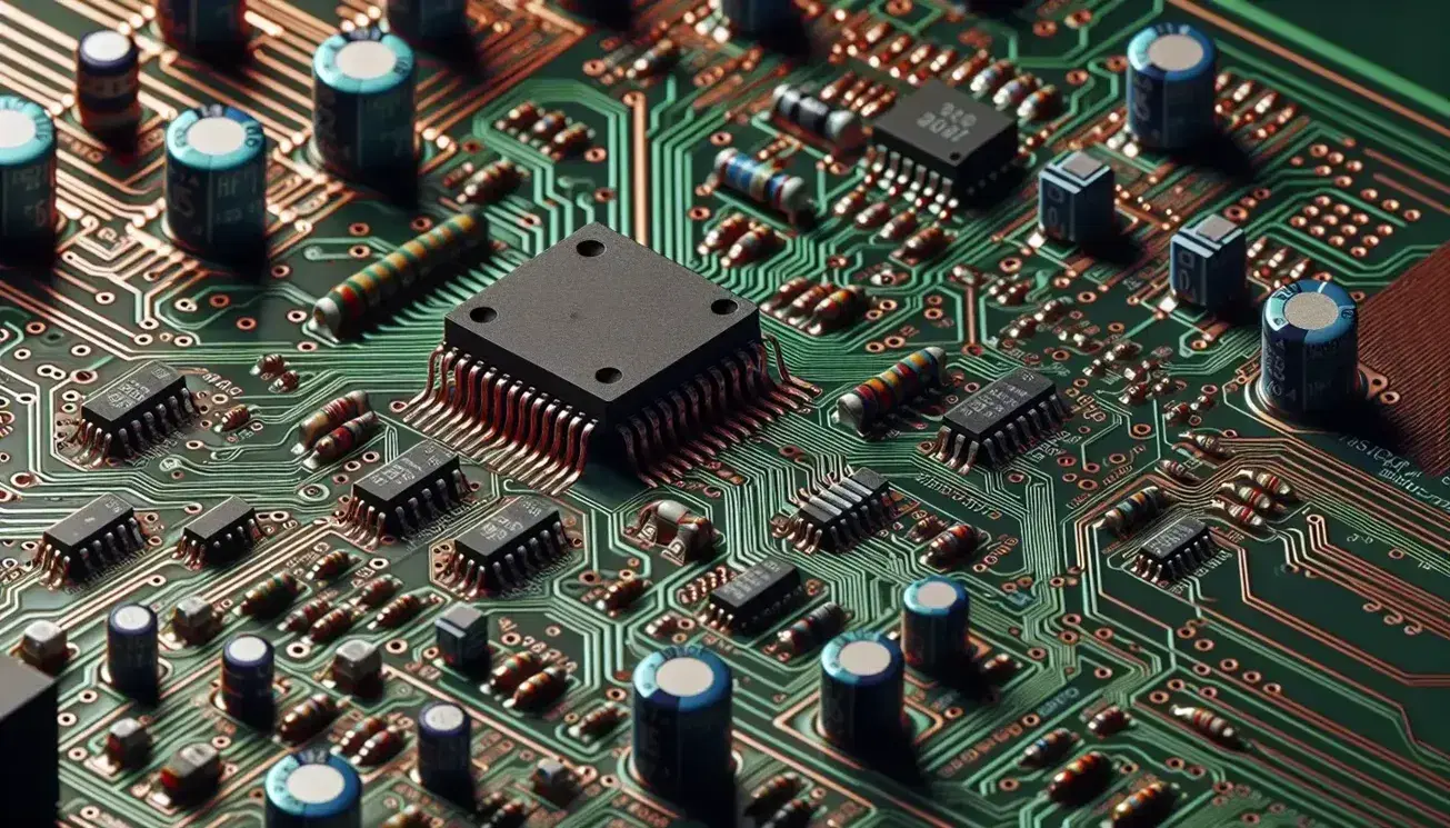 Close-up of a green printed circuit board with copper lines, integrated circuits, colored resistors, metal capacitors and diodes.