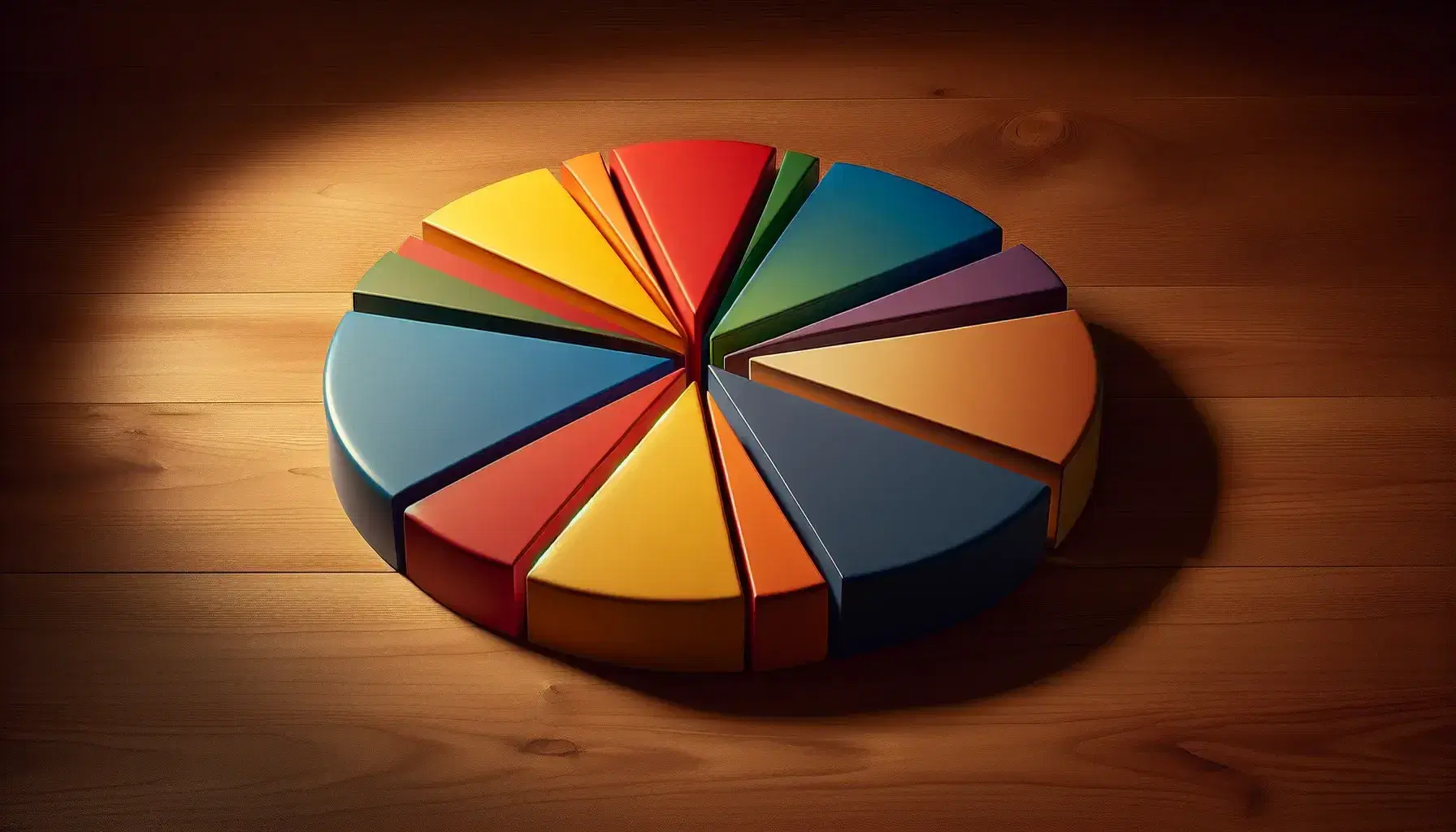 Colorful pie chart made of six 3D pieces in red, blue, green, yellow, orange, and purple on a wooden table, illustrating data segmentation.