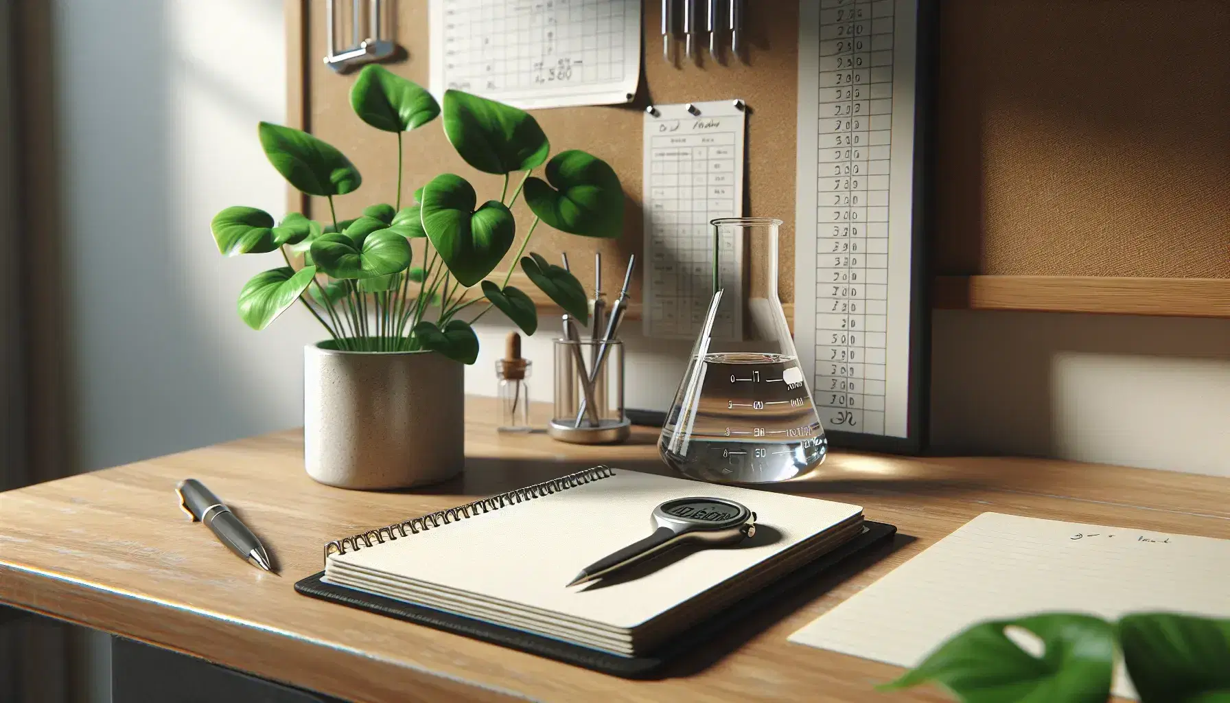 Laboratory desk with open blank notebook, silver stopwatch, half-filled beaker with clear liquid, and a green plant in a white pot, with a cork board in the background.