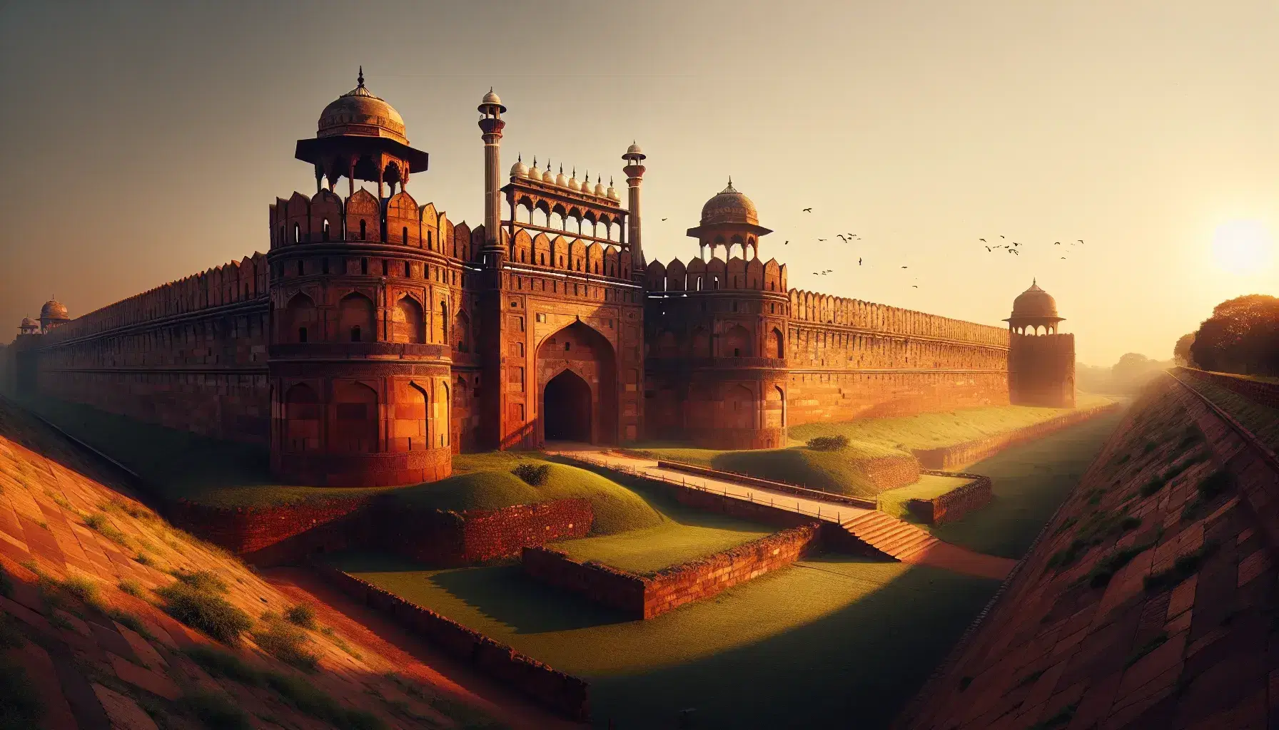Purana Qila's red sandstone walls and imposing gate glow in the sunset, with visitors enjoying the serene setting and a mosque dome peeking from behind.