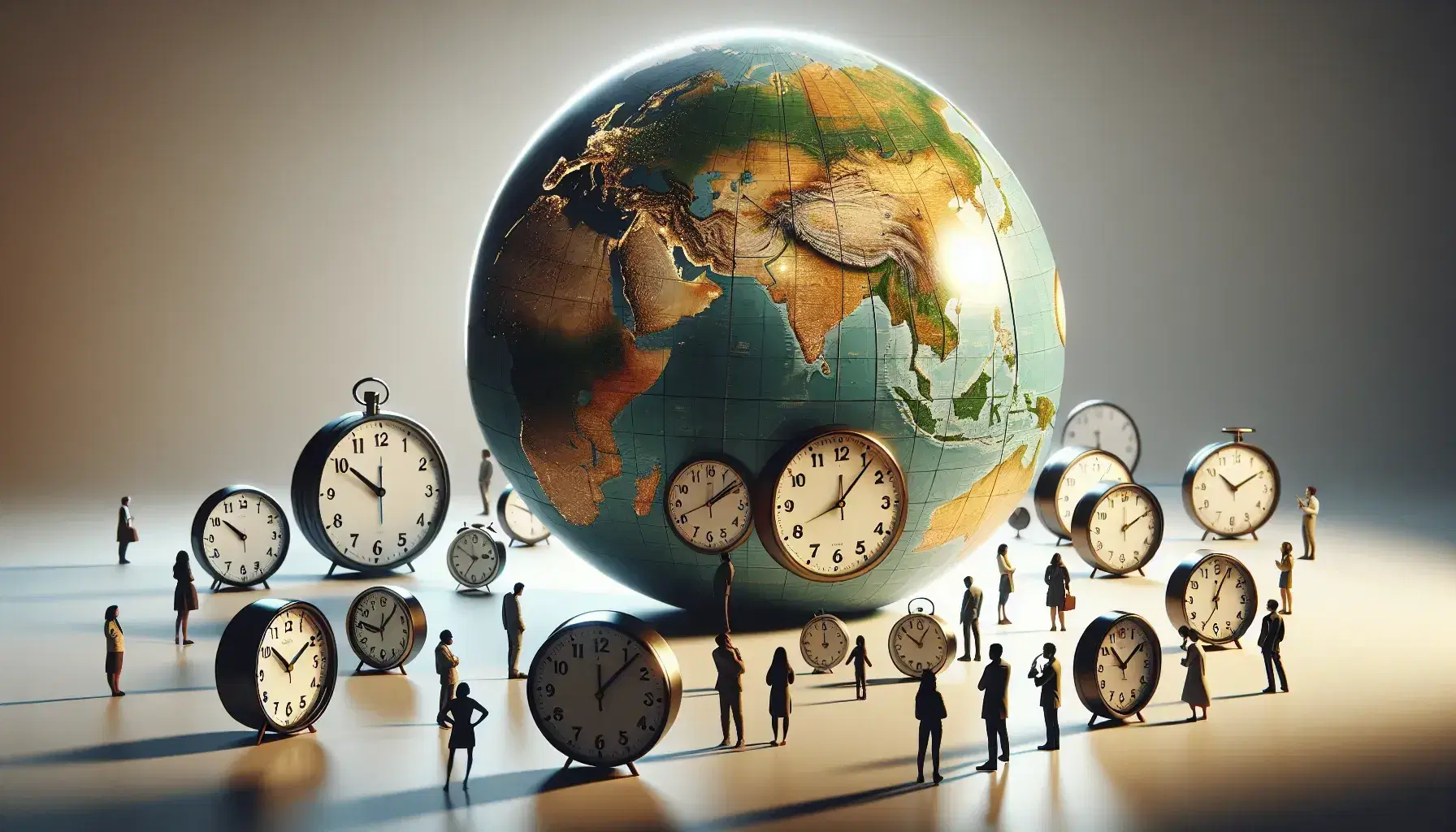Mappamondo con orologi analogici indicanti fusi orari diversi e gruppo di persone osservanti, su sfondo neutro.