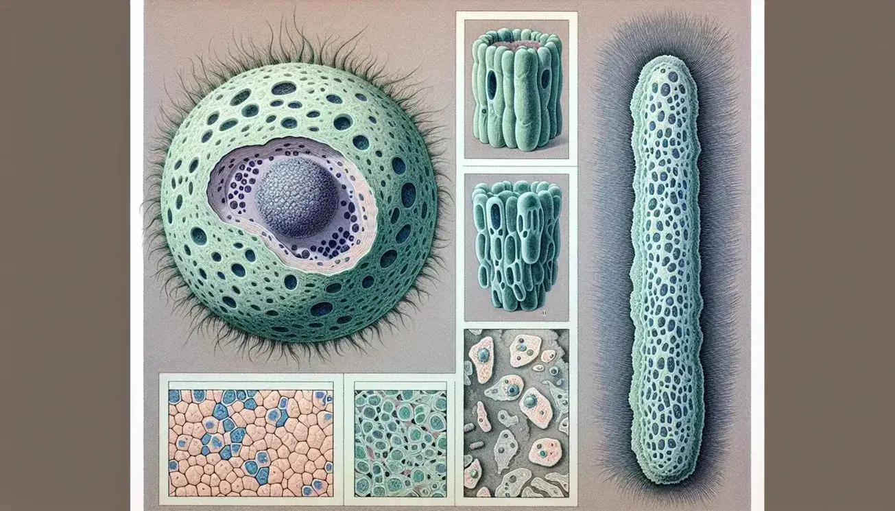 Vista microscópica de células variadas con una esférica verde y núcleo oscuro, una alargada azul con estructuras internas y un tejido de células rosadas apiladas.