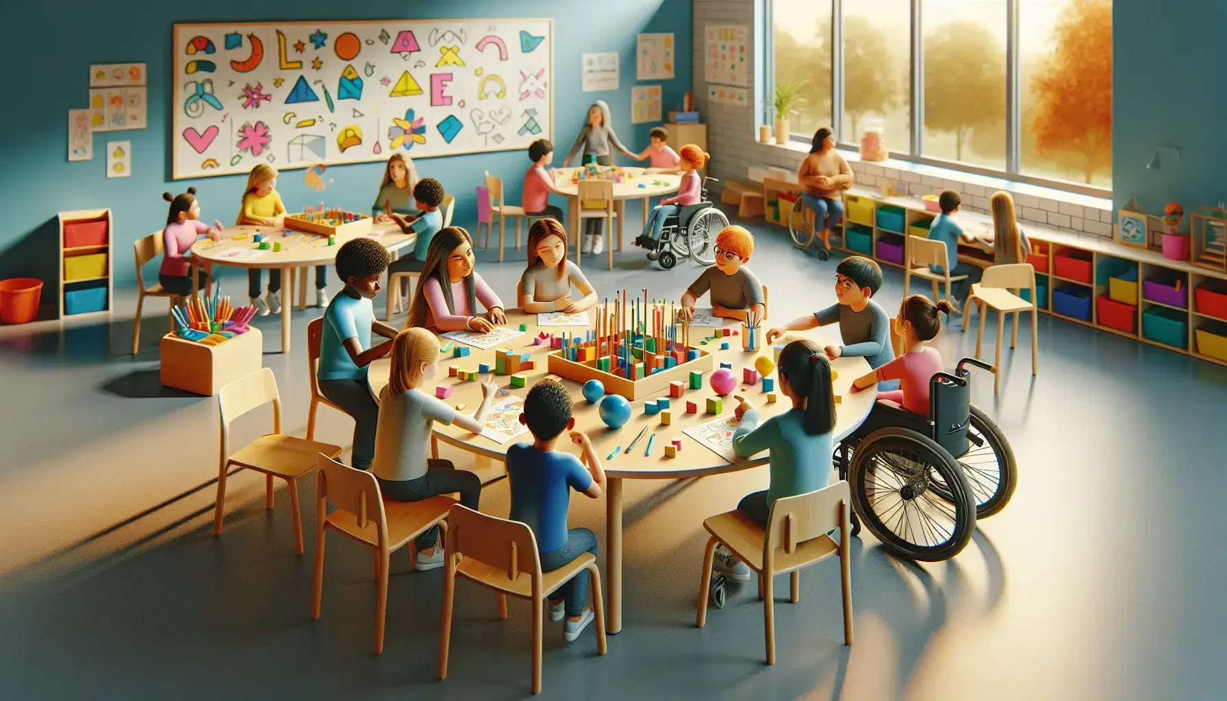 Aula colorata con studenti diversificati impegnati in attività didattiche, materiali educativi sul tavolo, luce naturale da finestra.