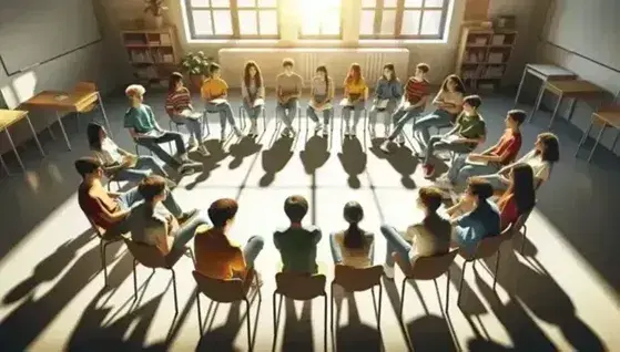Studenti di diverse etnie seduti in cerchio su sedie in aula luminosa, conversano e studiano insieme in un ambiente collaborativo.