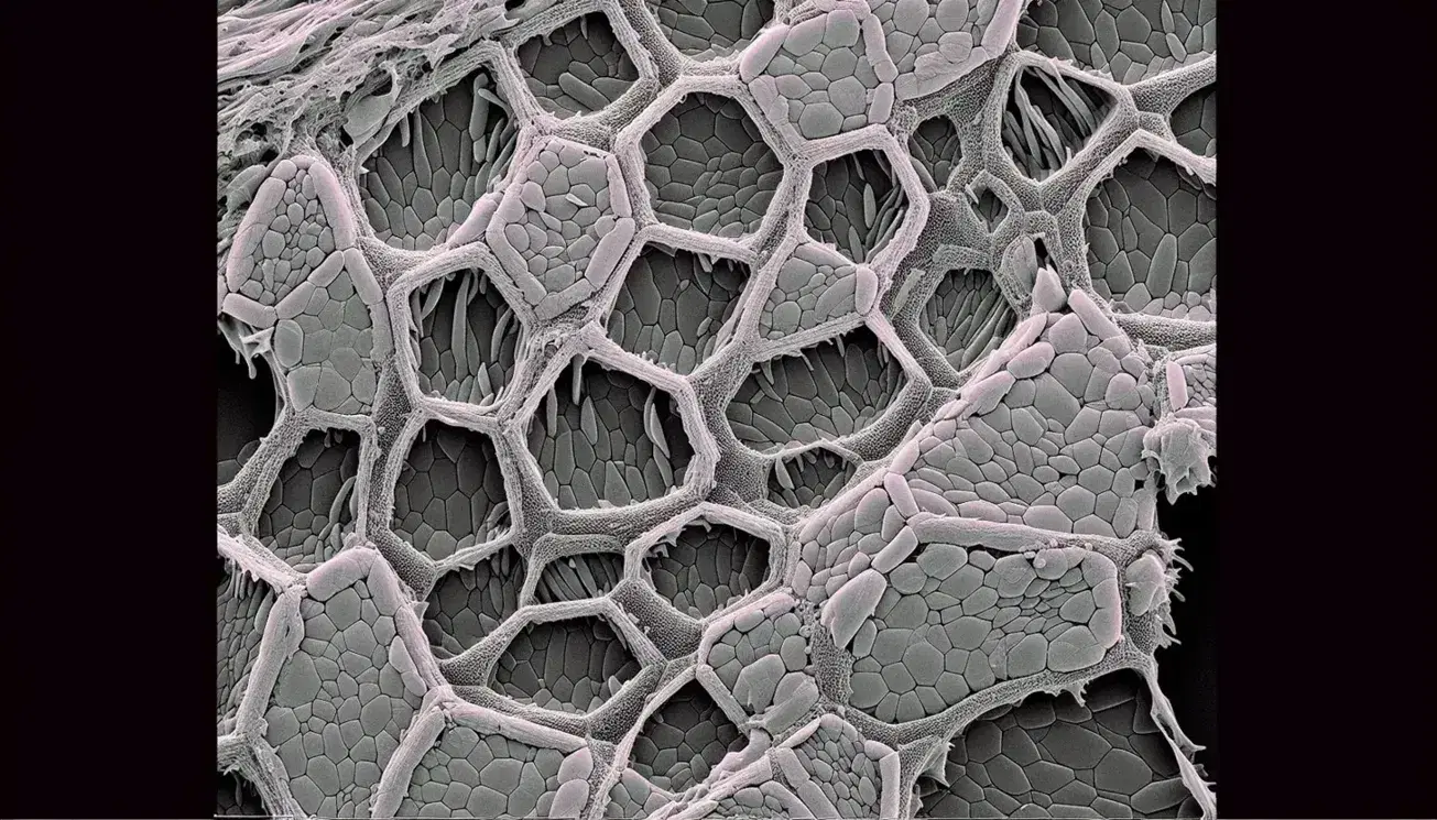 Micrografía electrónica de barrido de tejido epitelial con células poligonales y microvellosidades en tonos de gris.