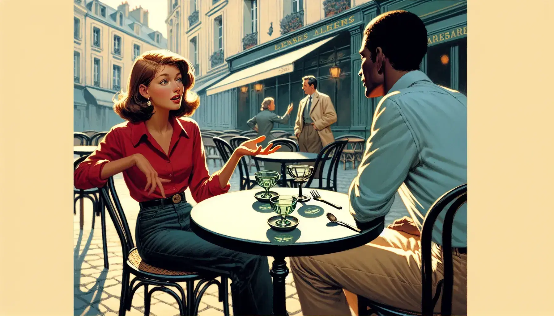 Lively French café scene with a woman in red talking to a man in blue, empty glasses on a wrought-iron table, and a leafy tree casting shadows.