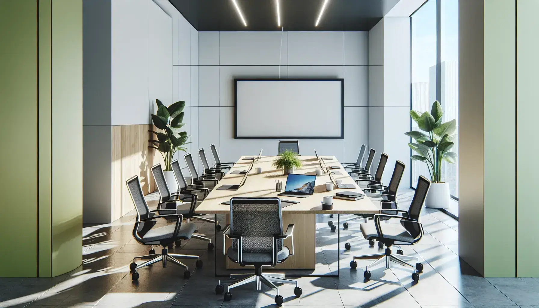 Sala de reuniones moderna y luminosa con mesa de madera, sillas ergonómicas, laptops, planta interior y pantalla de proyección en pared blanca.