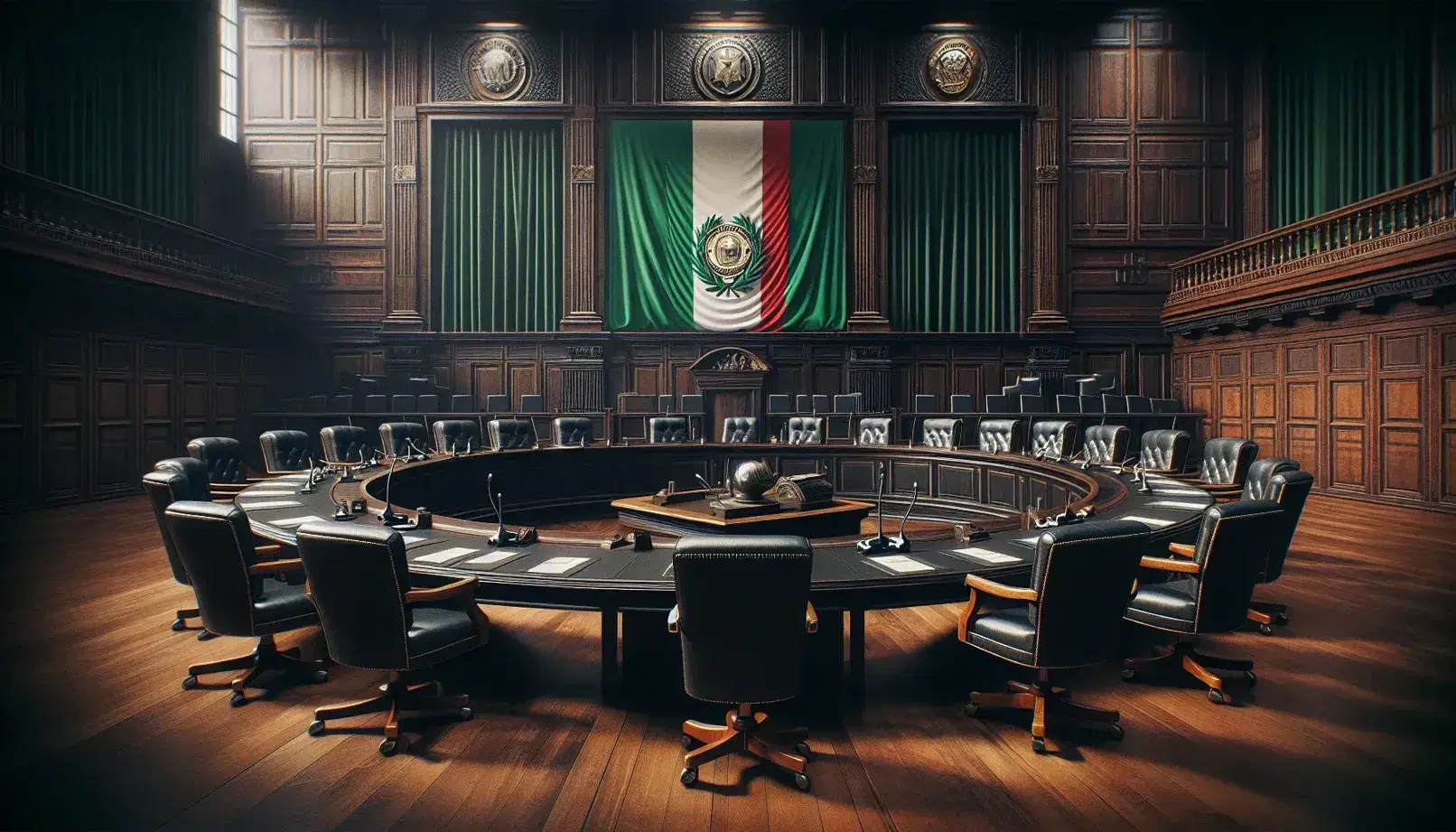 Interno formale di un'aula giudiziaria italiana con tavolo in legno, sedie in pelle nera, bandiera italiana e stemma repubblicano.