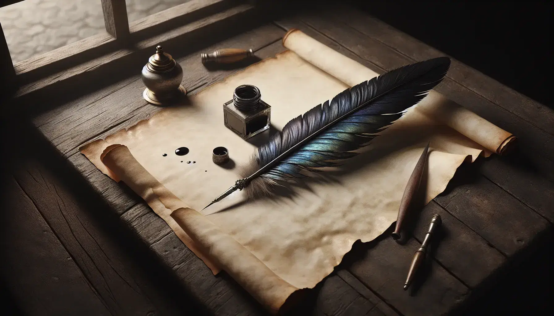 Quill pen on aged parchment with inkwell and candlestick on a wooden table, reflecting a vintage writing scene with soft lighting.